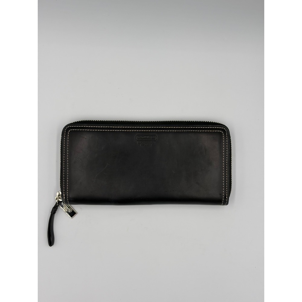 Coach Black Leather Zip Around Accordion Wallet with White Stitching